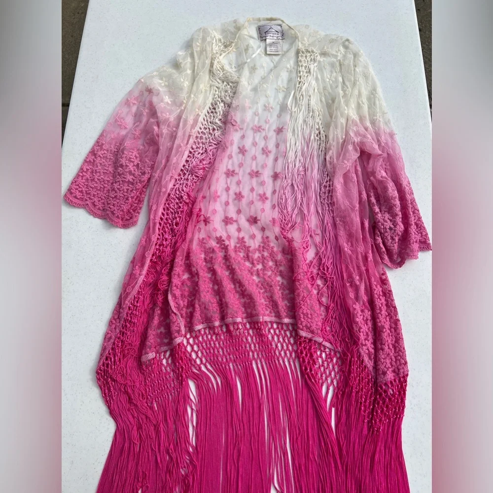 Western Pink Ombré Lace Kimono Size Medium Fringe Kimono